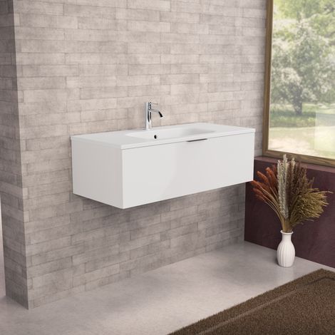 Inda - Badezimmerschrank B.100 mit matt/glänzend weißem Waschbecken 1 Schublade - Topazio (1/5)