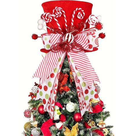 Chapeau De Sommet D Arbre De Noel - Chapeau Rouge En Velours Avec Ruban En Forme De Sucette Et Nœud En Sucre D Orge - Pour Arbre De Noel Maison Ou Décoration Festive - 1 Pièce (1/5)