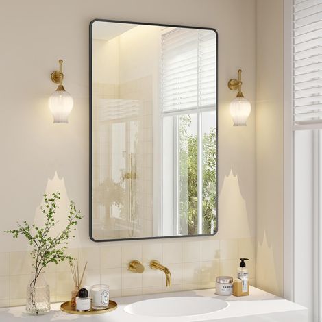 Miroir Salle de Bain, Miroir Mural Rectangulaire, Cadre en Aluminium, 110 x 70 cm, avec Film de Sécurité, 2 Options de Suspension, pour Salon, Chambre, Salle de Bain, Noir d’Encre (1/5)
