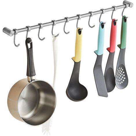 Rack suspendu à vaisselle avec 10 crochets amovibles - Rail de cuisine - En acier inoxydable - Fixation murale - Manteau - Chapeau - Bar - Organiseur pour outils suspendus, couteaux (1/5)