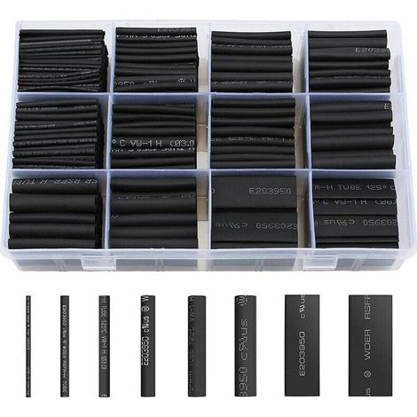 Kit de 650 tubos termorretráctiles negros, 8 tamaños, relación 2:1, negro - INHHUB