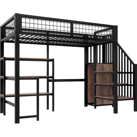 Lit mezzanine 90 x 200 cm en métal et MDF avec bureau, étagères et armoire, noir (1/5)