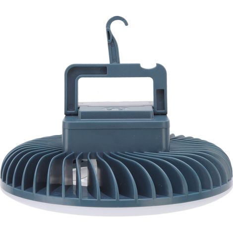 Ventilateur de camping portable avec lampe LED, crochet magnétique et chargement USB pour les situations d'urgence en extérieur.