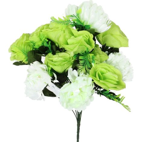 Bouquet di fiori artificiali, mix di rose e crisantemi, bianchi e verdi, 50 cm (1/2)