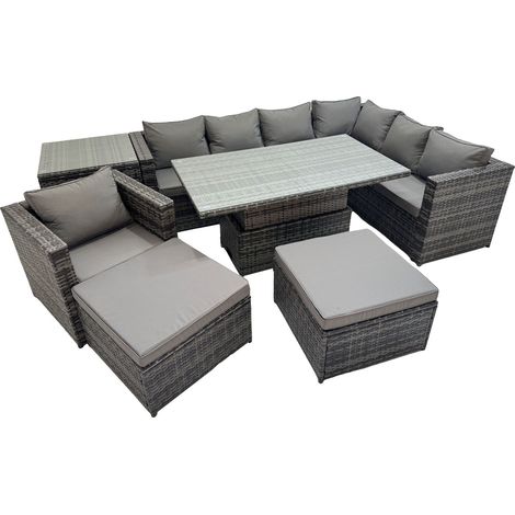 Fimous 9 Seater Rattan Height Adjustable Rising Lifting Table Corner Sofa Sets with Chair 2 Big Stools Side Table Dark Grey Mixed (1/5)