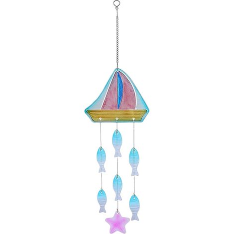 Carillon de verre à vent pour voilier (62,5 cm) – Décoration colorée de style marin avec poissons et étoiles de mer, sons doux pour jardin, balcon et terrasse (1/5)