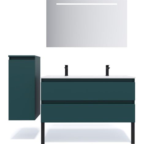 Meuble de salle de bain suspendu 2 vasques à poser 120cm 2 tiroirs Bleu + miroir + colonne ouverture gauche - Hudson (1/5)