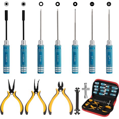 Jeu de 12 Kit d'outils pour voiture télécommandée, tournevis hexagonal, pince, clé à douille, kit d'outils RC pour voiture RC, drone, avion, hélicoptère, véhicule multirotor (1/5)