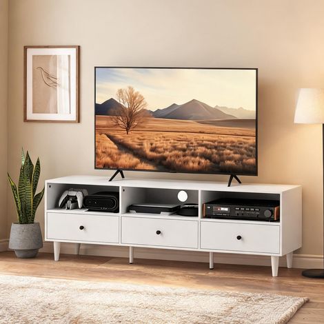 Meuble TV blanc en bois avec tiroirs et étagères 140 x 34 x 45 cm (1/5)