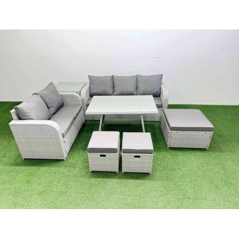 Fimous Outdoor PE Rattan Garden Furniture Set Rectangular Dining Table Sofa Set with 3 Stool Side Table Light Grey (1/4)