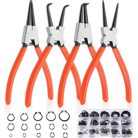 Lot de 4 pinces à circlips : pince à circlips de 17,8 cm avec pince à long bec courbé 300 pièces anneau de support d'arbre à ressort en acier au manganèse élastique