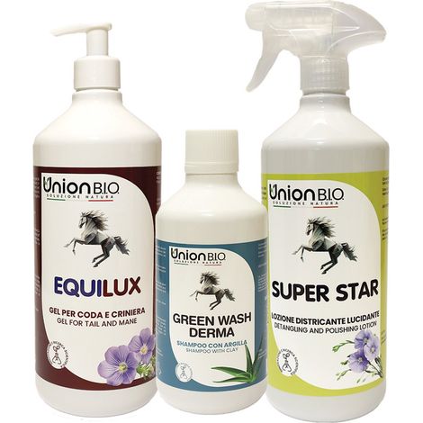 SET BELLEZZA NATURALE DEI CAVALLI 1 shampoo 500ml, 1 lucidante e districante 1l, 1 ristrutturante per coda e criniera sfibrata 1l