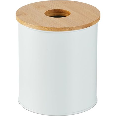Poubelle de Salle de Bain, 2 litres, Couvercle en Bambou avec Trou, Ronde, pour la Coiffeuse, Blanche (1/5)