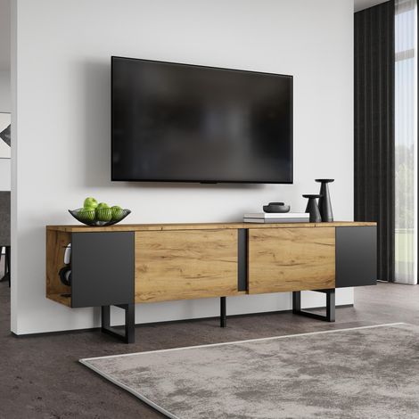 Meuble TV bois 180 cm - Meuble TV moderne 2 Portes et Niches Ouvertes Latérales - Charnières à fermeture douce, Naturel