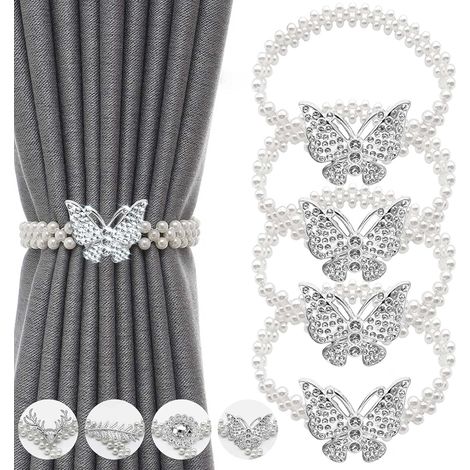JSSEVN - Curtain Tiebacks, Set of 4 Silver Butterfly Curtain Tiebacks, Stretchable with Small Pearl and Elastic Cord (1/5)
