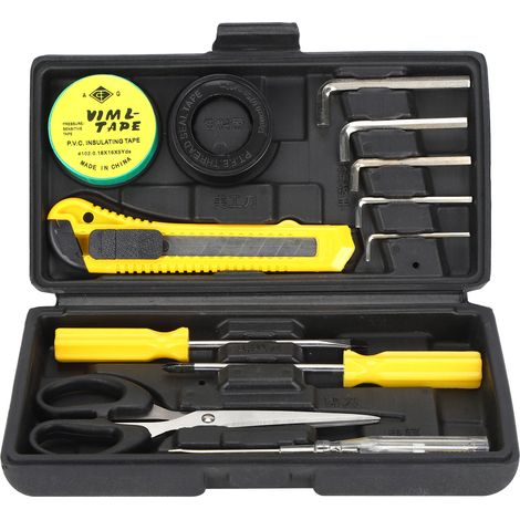 Kit de herramientas manuales de 13 piezas: destornillador, llave de tubo, cinta aislante, cúter, tijeras, kit de reparación. (1/5)