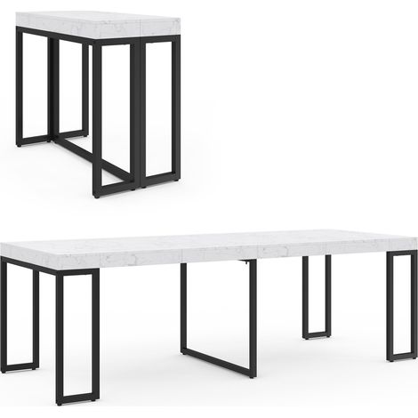 Idmarket – Table console extensible 10 personnes 235 cm – Plateau effet marbre blanc – Pied en métal noir – 4 rallonges de 47 cm (1/5)