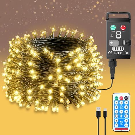 Guirlande Lumineuse à Pile Rechargeables Intérieur Extérieur LED 20M 200 LED avec Télécommande et Minuterie, 8 Modes d'Éclairage Étanche IP44 pour Décoration Maison, Noel, Jardin, Camping