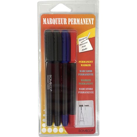 Marqueurs permanents assortis pointe ogive 1 mm. Blister de 4 : 1 rouge, 1 bleu et 2 noirs (1/2)