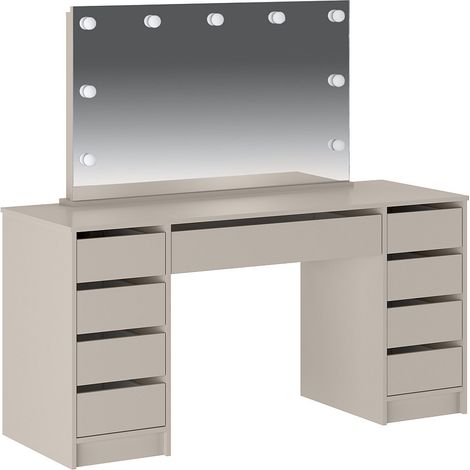 Vente-Unique – Coiffeuse enfant avec miroir à LEDs – 9 tiroirs – Beige – Panneau de particule mélaminé – Dimensions 152.3x142.6x53.6 cm