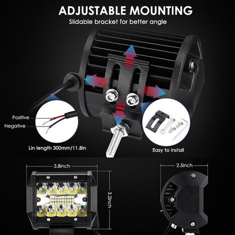 Lot de 2 feux de travail antibrouillard en aluminium IP68, alimentation DC12V, lumière blanche 6000K, boîtier noir (1/5)