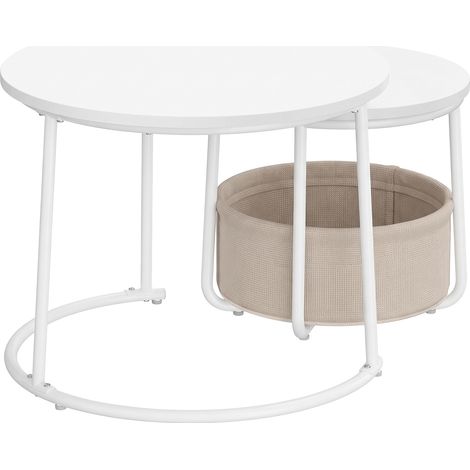 Table Basse Salon Ronde, Lot de 2 Tables Gigognes avec Panier, 60 x 60 x 48 cm, Blanc Mat (1/5)
