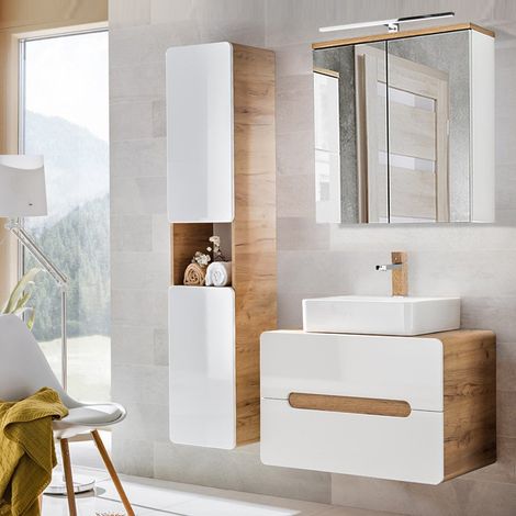 Badezimmermöbel Set mit Keramik-Waschtisch LUTON-56 Hochglanz weiß, Wotan Eiche Nb. B/H/T ca. 130/200/46 cm (1/5)