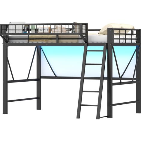 Letto a soppalco 140x200 cm in metallo nero con LED, cesto portaoggetti laterale e sponde di sicurezza, salvaspazio per cameretta e studio CHICFURN (1/5)