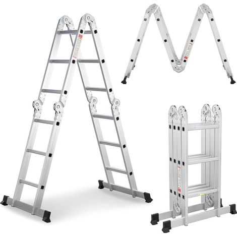 Échelle Multifonctions en Aluminium, 3x4 marches - 3,6 m de Longueur, Pliable - échelle en 4 Parties, supportant jusqu'à 150 kg - échelle articulée échelle Pliante échelle Double
