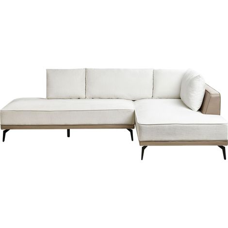 Canapé d'Angle à Gauche en Tissu Polyester Similicuir Pieds en Acier Coussins Blanc Cassé et Taupe Myken