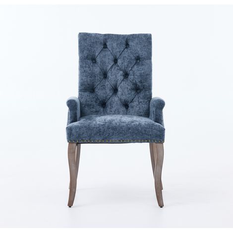 Chaise de salle à manger d'appoint élégante avec accoudoirs, revêtue de tissu chenille, pieds en bois massif courbés, style club capitonné, vendue à l'unité, bleue, DE1895BL (1/5)