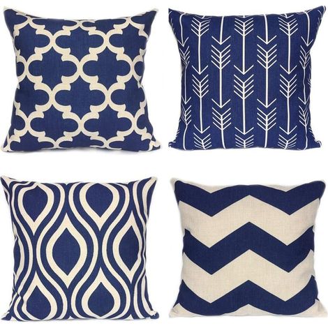 Juego de 4 fundas de cojín, de algodón y lino, con estampado geométrico azul marino y cremallera invisible, para sofá y sillón.