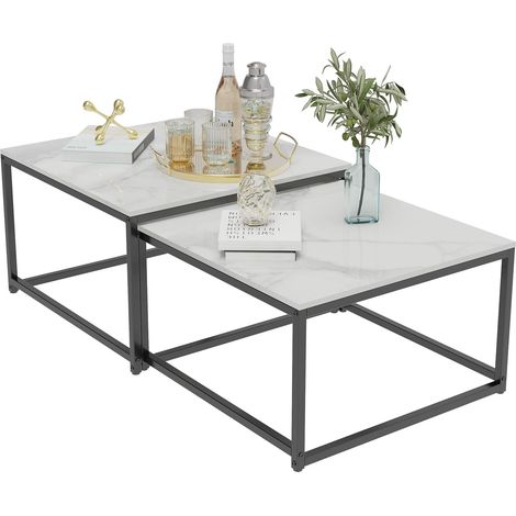 Unho – Table basse gigogne carrée en pierre frittée – Lot de 2 tables modernes – Dimensions 65x65x40cm et 60x60x36cm – Résistante aux rayures et à l'eau (1/5)