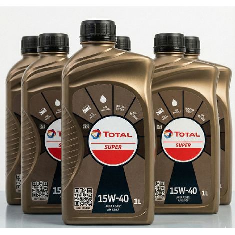 Kit 6 Litri Olio Motore Total Super 15W40 (6x1L) Lubrificante Auto Benzina Diesel GPL e Metano - Set Risparmio Rabbocco