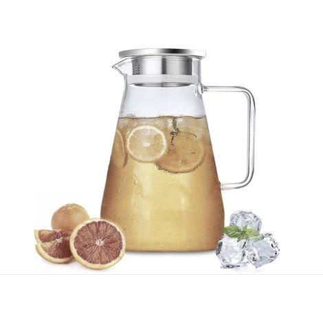 Brocca in vetro, 2,3 litri, caraffa per acqua con coperchio in acciaio inox, manici, filtro, caraffa in vetro per acqua calda e fredda, caraffa per acqua facile da pulire, per uso domestico (1/5)