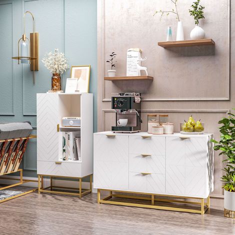Buffet. meuble cuisine rangement. design contemporain graphique. 2 placards porte. étagères réglables. 3 tiroirs coulissants. bois blanc métal doré. 120 x 40 x 76 cm