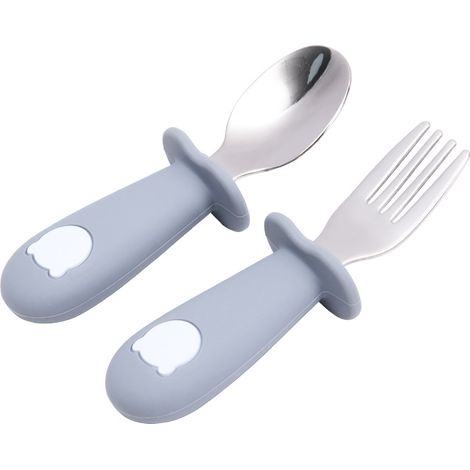 Couvert de bébé en acier inoxydable, lot de fourchettes et cuillères alimentaire, silicone doux et mignon, gris A7 (1/5)