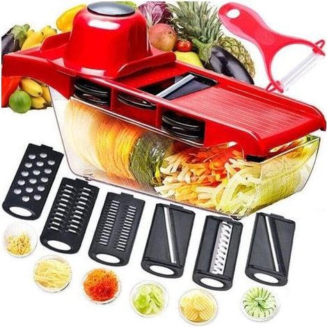 Incluye una rebanadora, un cortador de verduras, un rallador y un pelador, equipados con seis cuchillas intercambiables de acero inoxidable y un protector de manos. (1/4)