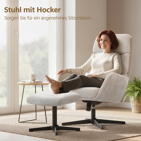 Fauteuil lounge avec repose-pieds, dossier haut, base métallique beige pour salon et chambre (1/5)