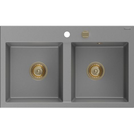 Mexen Hektor évier en granit 2 bacs 800 x 480 mm, gris, siphon doré - 6521802000-71-G (1/5)