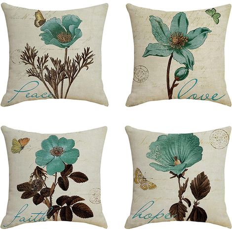 Housse de coussin rétro à motif floral 45 x 45 cm, en coton et lin, style rétro, taie d'oreiller douce pour canapé, salon, chambre, décoration intérieure, lot de 4. (1/5)