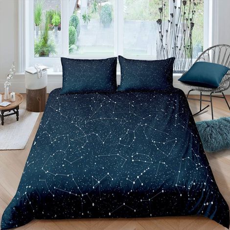 Parure de lit avec housse de couette et linge de lit en lin pour garçons et filles Motif galaxie Bleu foncé (1/3)