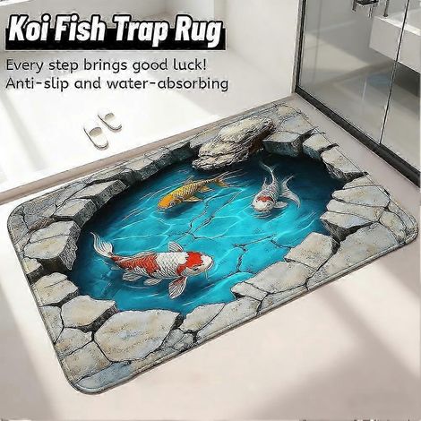 Tapis de sol anti-sable en polyester motif bassin à carpes koï design 3D réaliste compatible avec la cuisine - 1 pièce - 7 (1/3)