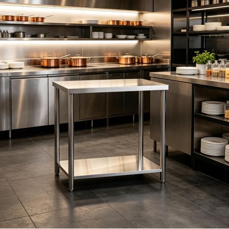 Mesa de trabajo de acero inoxidable con 2 niveles, 90 x 60 x 86 cm, encimera hasta 100 kg y estante de 75 kg, patas ajustables para cocina, garaje y jardín – CHICFURN (1/5)