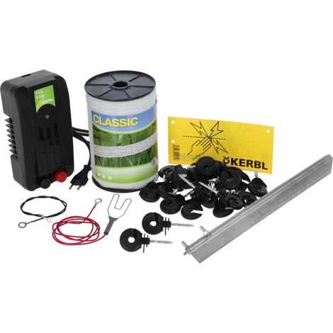 Kerbl Hobby Weidezaun-Starterset mit 230-Volt-Netzgerät, Weidezaunband, Erdpfahl
