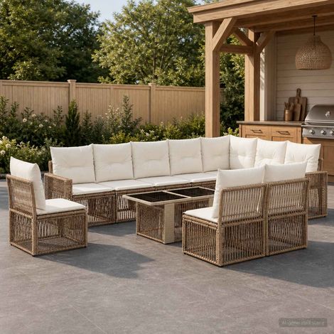 vidaXL Set Divano da Giardino 11 pz Beige e Bianco Crema polyrattan (1/5)