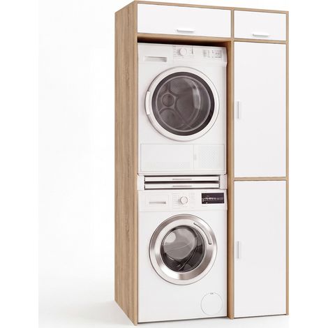 Meuble de buanderie machine à laver et sèche-linge superposés WALLIS avec armoire de rangement bois et blanc