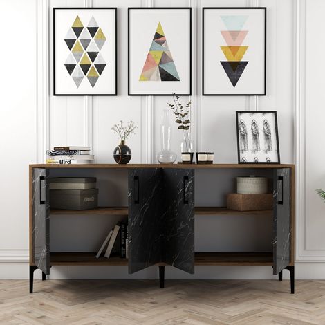 Credenza Sinopoli, Madia 2 Ripiani, 4 Ante, 4 Vani, 160x35x78h cm Nero Marmo (1/5)