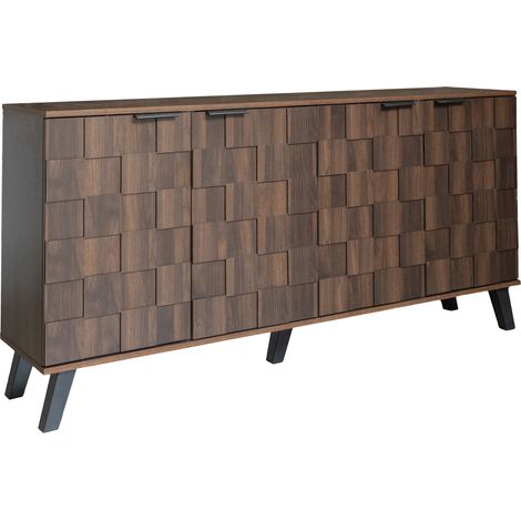 Compte-porte moderne avec 4 portes, en bois de couleur foncée. Dimensions : 160,5 x 35,5 x 78 cm. Un design pratique pour le salon, la chambre à coucher et la salle à manger. (1/5)