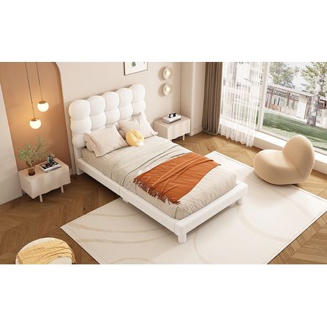 Cama tapizada, cama adulto/niño, cabecero ajustable, 90x200cm, cama individual, color blanco, MDF (sin colchón) (1/5)